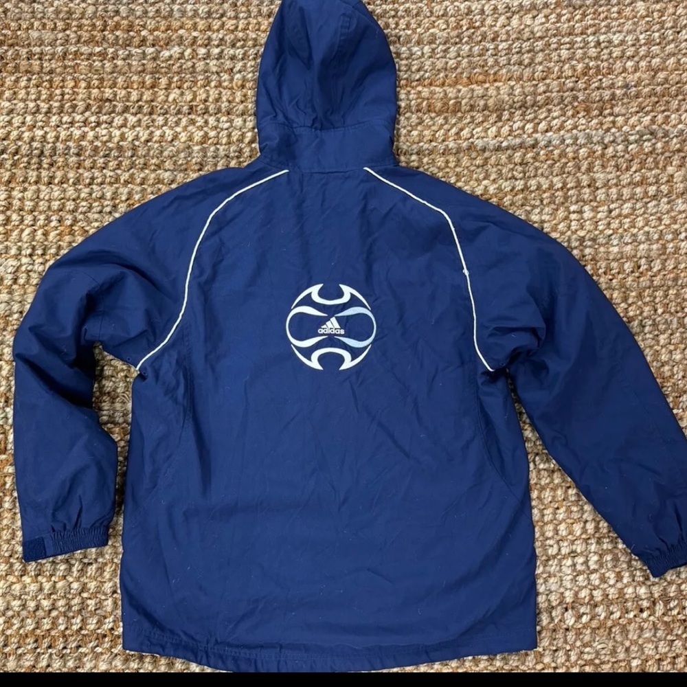 VTG Adidas Blue Hooded Fleece Lined Insulated Coat Jumbo Logo Mens Large